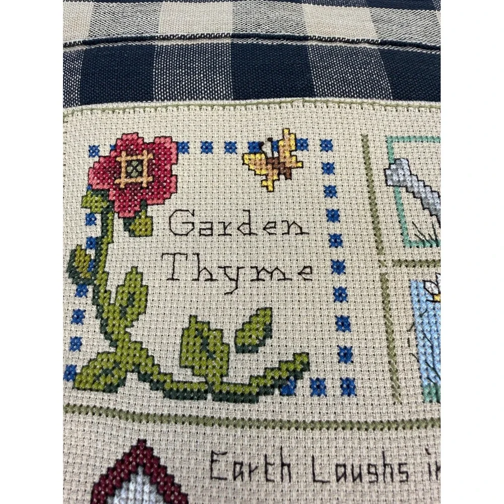 Vintage Cross‎ Stitch Garden Thyme Throw Pillow Buffalo Check Farmhouse Decor